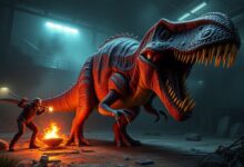Um dinossauro aterrorizante caçando jogadores em um ambiente escuro e industrial no jogo Deathground