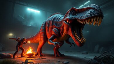Um dinossauro aterrorizante caçando jogadores em um ambiente escuro e industrial no jogo Deathground