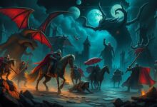 Uma colagem de imagens de vários jogos souslikes, com cavaleiros em armaduras sombrias, monstros grotescos e cenários góticos e desolados.