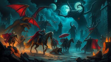 Uma colagem de imagens de vários jogos souslikes, com cavaleiros em armaduras sombrias, monstros grotescos e cenários góticos e desolados.