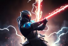Ryu Hayabusa em uma pose de combate dinâmica em meio a uma Tóquio futurista e chuvosa, com neon refletindo em sua lâmina