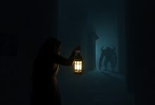 Uma cena sombria e atmosférica de um corredor de videogame de terror, com uma figura solitária segurando uma lanterna que ilumina monstros assustadores nas sombras.