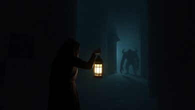 Uma cena sombria e atmosférica de um corredor de videogame de terror, com uma figura solitária segurando uma lanterna que ilumina monstros assustadores nas sombras.