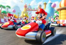 Corrida animada em Mario Kart World com personagens clássicos em diferentes pistas coloridas e cheias de obstáculos