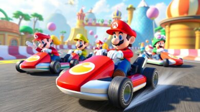 Corrida animada em Mario Kart World com personagens clássicos em diferentes pistas coloridas e cheias de obstáculos