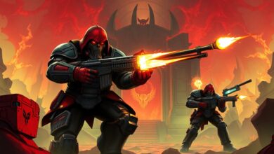 Capa ilustrativa com Doom Slayer empunhando diferentes armas especiais em um cenário infernal de Doom Eternal