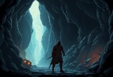 Um cavaleiro solitário explorando uma caverna escura e misteriosa, representando o gênero metroidvania