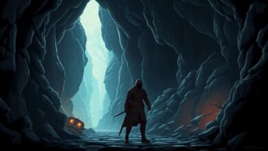 Um cavaleiro solitário explorando uma caverna escura e misteriosa, representando o gênero metroidvania