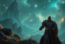 Um guerreiro épico com armadura brilhante observando um vasto e místico mundo de fantasia do jogo Absolum
