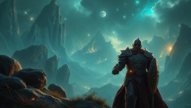 Um guerreiro épico com armadura brilhante observando um vasto e místico mundo de fantasia do jogo Absolum