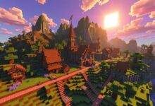 Uma aldeia vibrante e bem construída em Minecraft ao pôr do sol, com casas, fazendas, muralhas de pedra e um golem de ferro patrulhando a área.