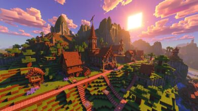 Uma aldeia vibrante e bem construída em Minecraft ao pôr do sol, com casas, fazendas, muralhas de pedra e um golem de ferro patrulhando a área.