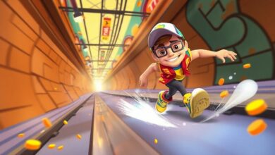 Imagem ilustrando um personagem do Subway Surfers correndo em trilhos cheios de moedas e power-ups ao fundo, com atmosfera vibrante de jogo de ação