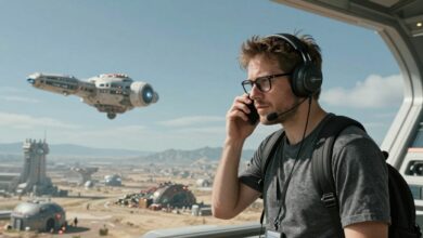 Capa mostrando um gamer explorando um planeta alienígena futurista, com naves espaciais ao fundo, destacando elementos clássicos da ficção científica nos jogos.