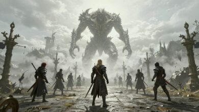 Capa temática de um guerreiro enfrentando um chefe colossal em Elden Ring, com cenário sombrio e detalhes de fantasia medieval