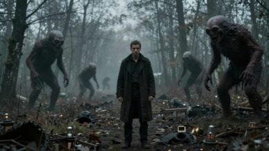 Paisagem sombria pós-apocalíptica de Stalker 2: Heart of Chornobyl com uma figura solitária e criaturas ameaçadoras ao longe, atmosfera tensa e radioativa, estilo realista de videogame