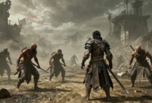 Cena épica de um personagem enfrentando inimigos em Dark Souls III, tematizando sobrevivência e tensão em ambiente sombrio