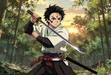 Samurai mascarado em postura de combate com katana, ao pôr do sol, evocando atmosfera de Ghost of Tsushima