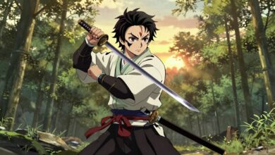 Samurai mascarado em postura de combate com katana, ao pôr do sol, evocando atmosfera de Ghost of Tsushima