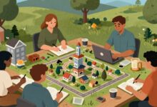 Capa ilustrativa com ambiente de jogos de gerenciamento, como cidades, fazendas e negócios, com personagens tomando decisões estratégicas