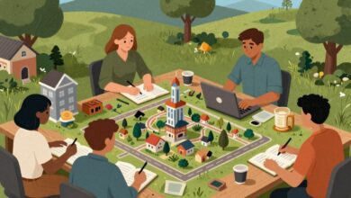 Capa ilustrativa com ambiente de jogos de gerenciamento, como cidades, fazendas e negócios, com personagens tomando decisões estratégicas