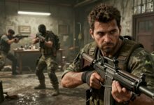 Cena intensa de combate urbano entre jogadores fortemente armados em Escape from Tarkov, com ambiente sombrio e detalhado
