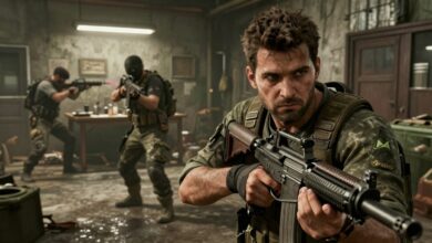 Cena intensa de combate urbano entre jogadores fortemente armados em Escape from Tarkov, com ambiente sombrio e detalhado