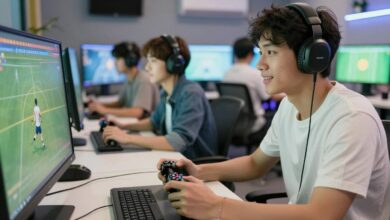 Um grupo de gamers se divertindo jogando diferentes jogos de esportes em telas, com controle na mão e ambiente animado