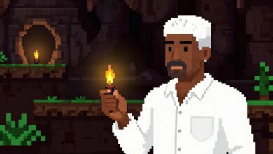 Aventura em Terraria com personagens equipados explorando uma caverna iluminada por tochas, com paisagem pixelada ao fundo