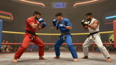 Cena dinâmica de lutadores de artes marciais em ação em um ambiente de videogame, repleta de energia e cores vibrantes, destacando heróis icônicos em meio a um ringue futurista