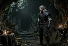 Imagem de Geralt explorando uma caverna misteriosa, com relíquias escondidas e atmosfera sombria, representando os locais secretos do universo The Witcher 3