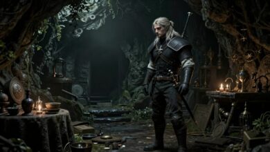 Imagem de Geralt explorando uma caverna misteriosa, com relíquias escondidas e atmosfera sombria, representando os locais secretos do universo The Witcher 3
