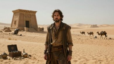 Protagonista de Crimson Desert explorando um cenário vasto com ruínas, tesouros e inimigos ao fundo