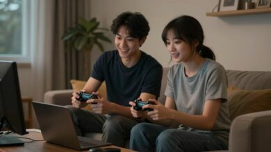 Cena serena de uma pessoa jogando videogame em um ambiente relaxante, com luz suave e elementos aconchegantes