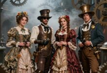 Cena vibrante de jogos steampunk com personagens em roupas vitorianas, máquinas a vapor e uma cidade cheia de engrenagens e névoa ao fundo.