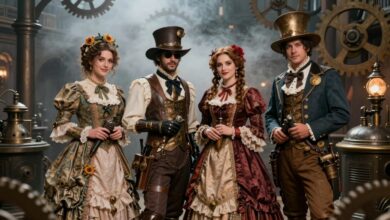 Cena vibrante de jogos steampunk com personagens em roupas vitorianas, máquinas a vapor e uma cidade cheia de engrenagens e névoa ao fundo.