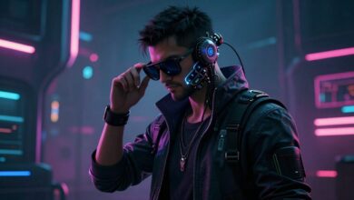 Personagem de Cyberpunk 2077 usando múltiplas habilidades tecnológicas e cyberware em um cenário futurista cheio de neon