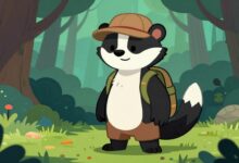 Capa com Bradley the Badger, o texugo aventureiro, em meio a uma floresta colorida e cheia de mistérios, pronto para novas aventuras, em estilo cartoon moderno