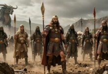 Capa mostrando guerreiros lendários, deuses mitológicos e criaturas lendárias em uma paisagem épica inspirada pela mitologia antiga, com atmosfera de aventura e mistério.