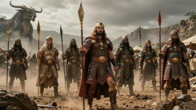 Capa mostrando guerreiros lendários, deuses mitológicos e criaturas lendárias em uma paisagem épica inspirada pela mitologia antiga, com atmosfera de aventura e mistério.