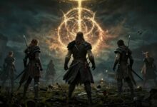 Capa mostrando personagens de Elden Ring prontos para batalha em um cenário sombrio e fantástico