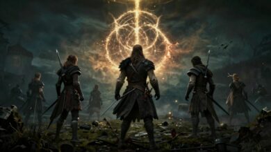 Capa mostrando personagens de Elden Ring prontos para batalha em um cenário sombrio e fantástico
