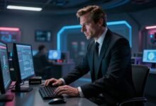 Cena dinâmica de James Bond em ação infiltrando-se em uma base secreta alta tecnologia com luzes neon e gadgets modernos