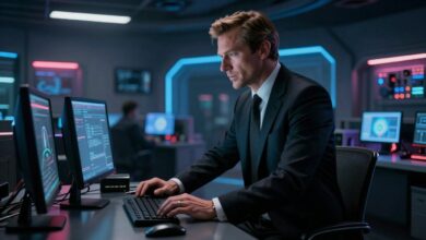 Cena dinâmica de James Bond em ação infiltrando-se em uma base secreta alta tecnologia com luzes neon e gadgets modernos