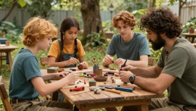 Cena vibrante mostrando diferentes personagens de jogos de crafting interagindo com recursos naturais, ferramentas e itens criados em um mundo aberto