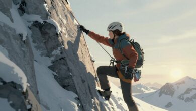 Uma alpinista determinada, Aava, escalando uma face de montanha perigosa e coberta de neve, com o sol brilhando ao fundo, em um estilo de arte cel-shaded.