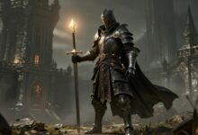 Um cavaleiro em armadura escura em pé em um castelo em ruínas, segurando uma espada brilhante, com o sol se pondo ao fundo, no estilo de Dark Souls 3.