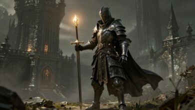 Um cavaleiro em armadura escura em pé em um castelo em ruínas, segurando uma espada brilhante, com o sol se pondo ao fundo, no estilo de Dark Souls 3.