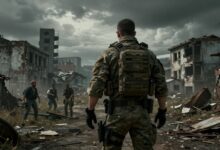 Um soldado em equipamento tático olhando para uma cidade pós-apocalíptica em ruínas, com a atmosfera sombria e tensa do jogo Quarantine Zone: The Last Check.