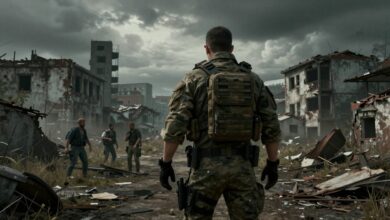 Um soldado em equipamento tático olhando para uma cidade pós-apocalíptica em ruínas, com a atmosfera sombria e tensa do jogo Quarantine Zone: The Last Check.
